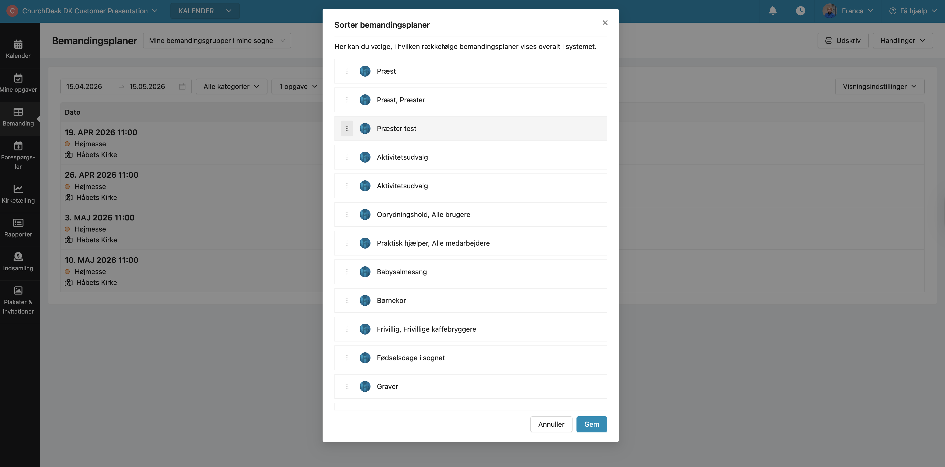 Dropdown menu i bemandingsplan