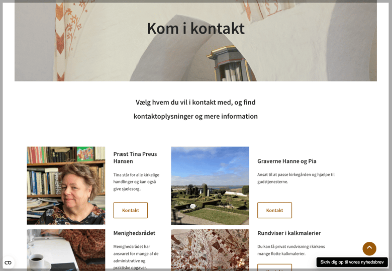 Kontaktsiden med små tekster om præsten, menighedsråd osv.