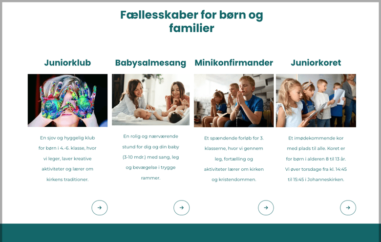 Undersiden for børn og familier med beskrivelser, som er inviterende og hyggelige