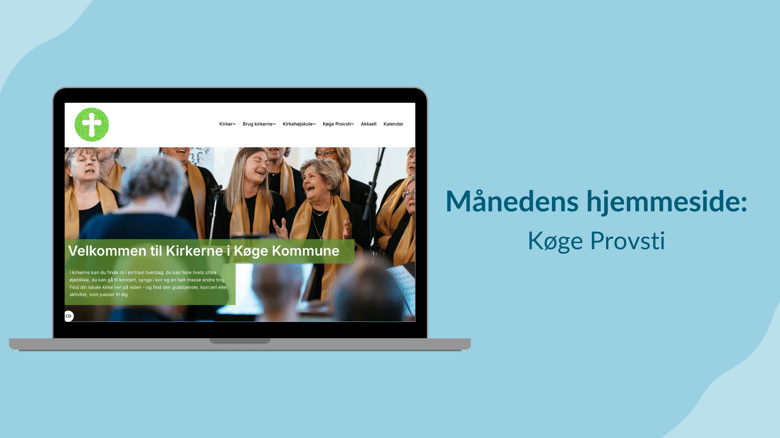 En bærbar computer, der viser hjemmesiden for "Kirkerne i Køge Kommune"