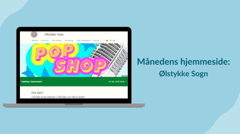 En computerskærm med kirkens hjemmeside og titlen Månedens hjemmeside: Ølstykke Sogn