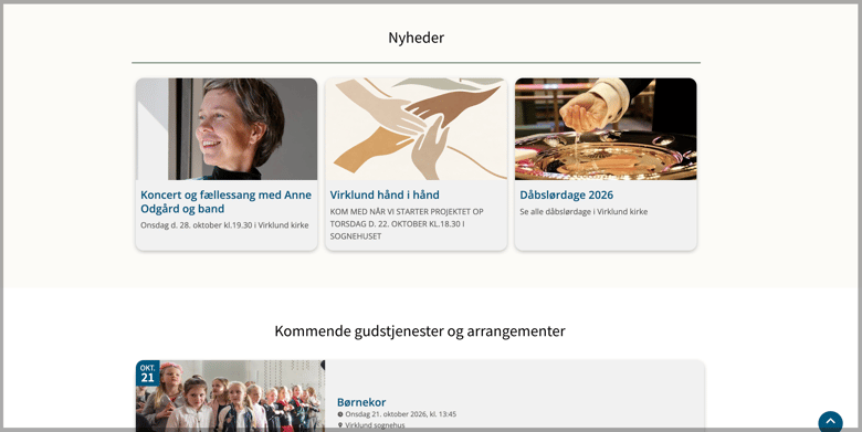 Fra forsiden: Tre nyheder fra kirken (blogs) og en eventkalender 