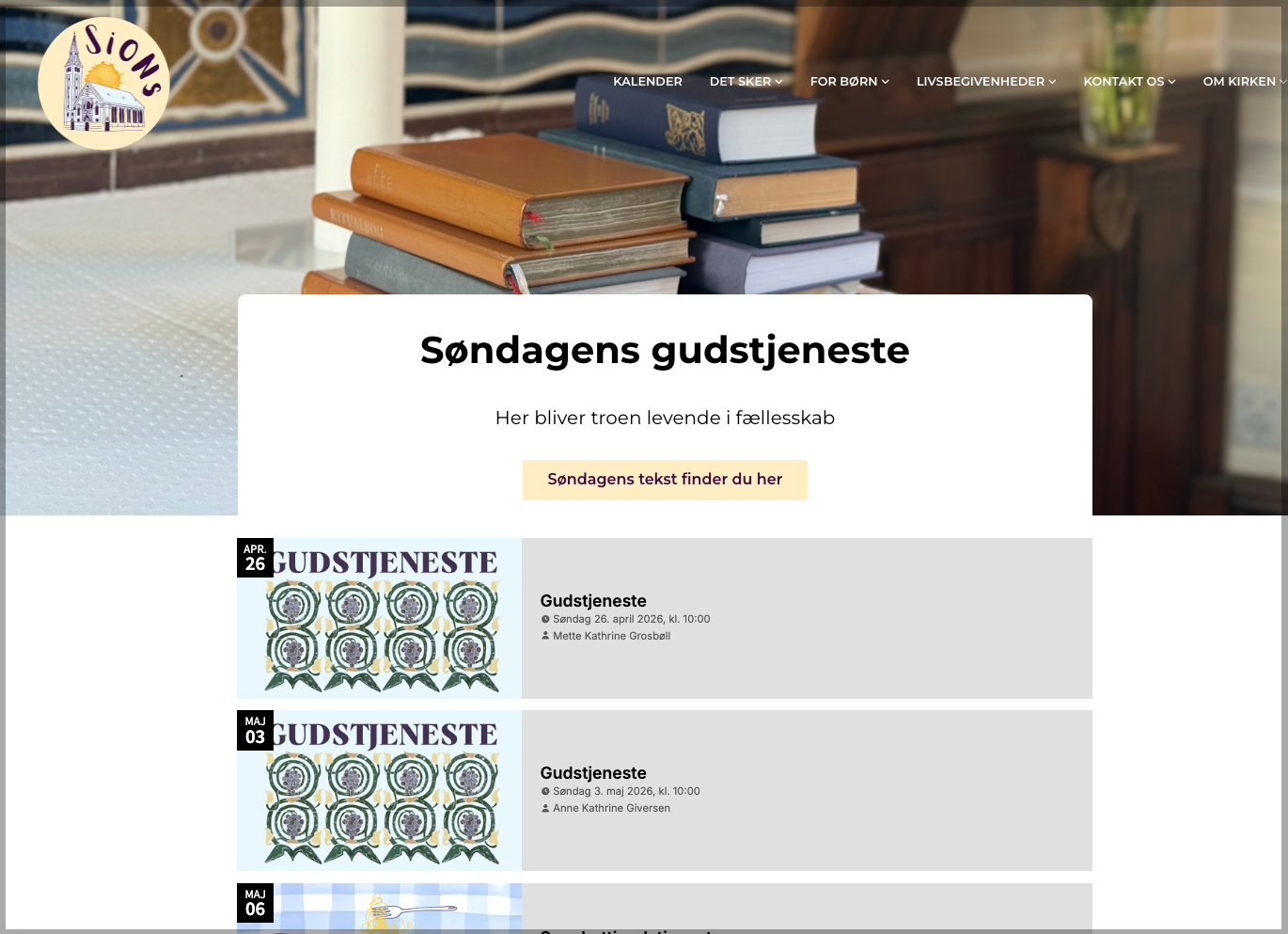 Undersiden for gudstjenester med kalendervisning