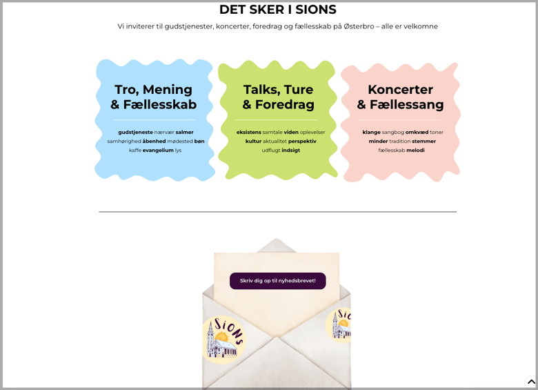 Forsiden, som viser tre hovedkategorier på hjemmesiden og en konvolut, hvor man kan skrive sig på nyhedsbrevet