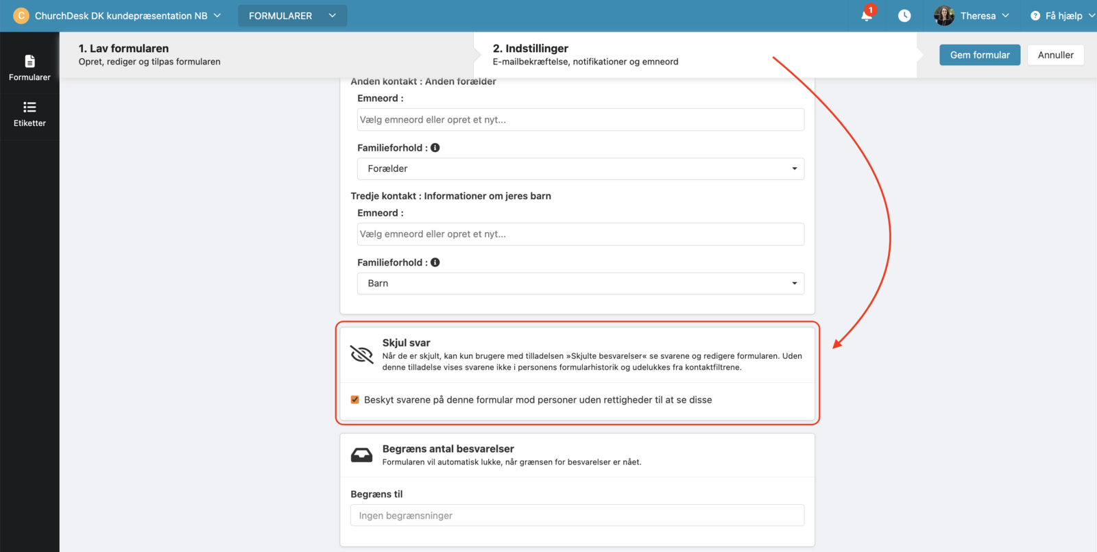 Formularer i ChurchDesk med den nye funktion "Skjul svar"