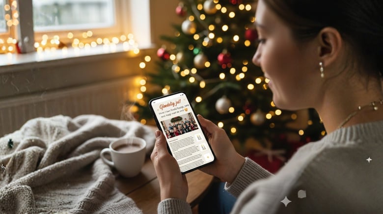 Person læser nyhedsbrev på mobil foran juletræ